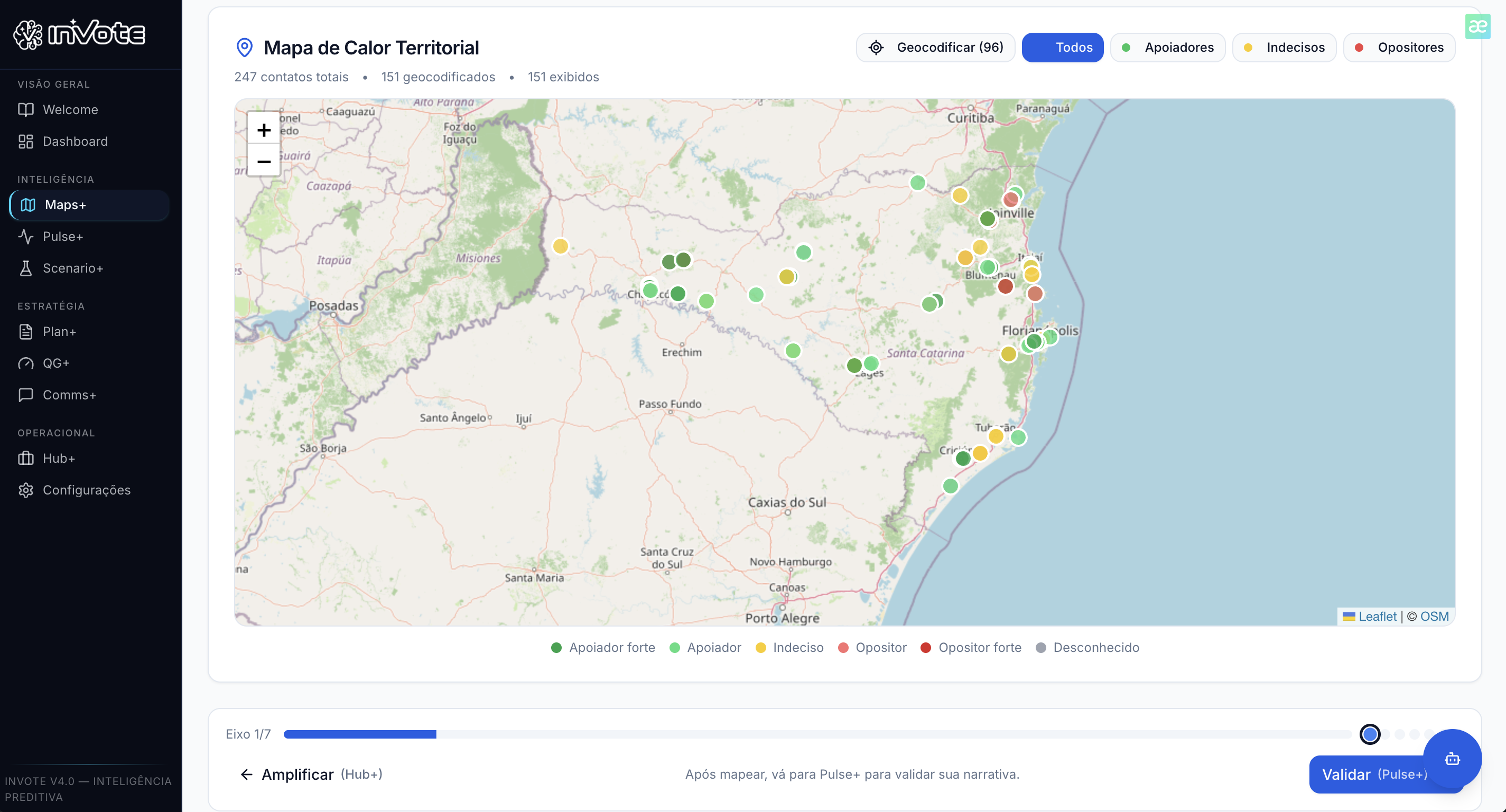 Maps+ — Mapa de Calor Territorial com apoiadores, indecisos e opositores georreferenciados