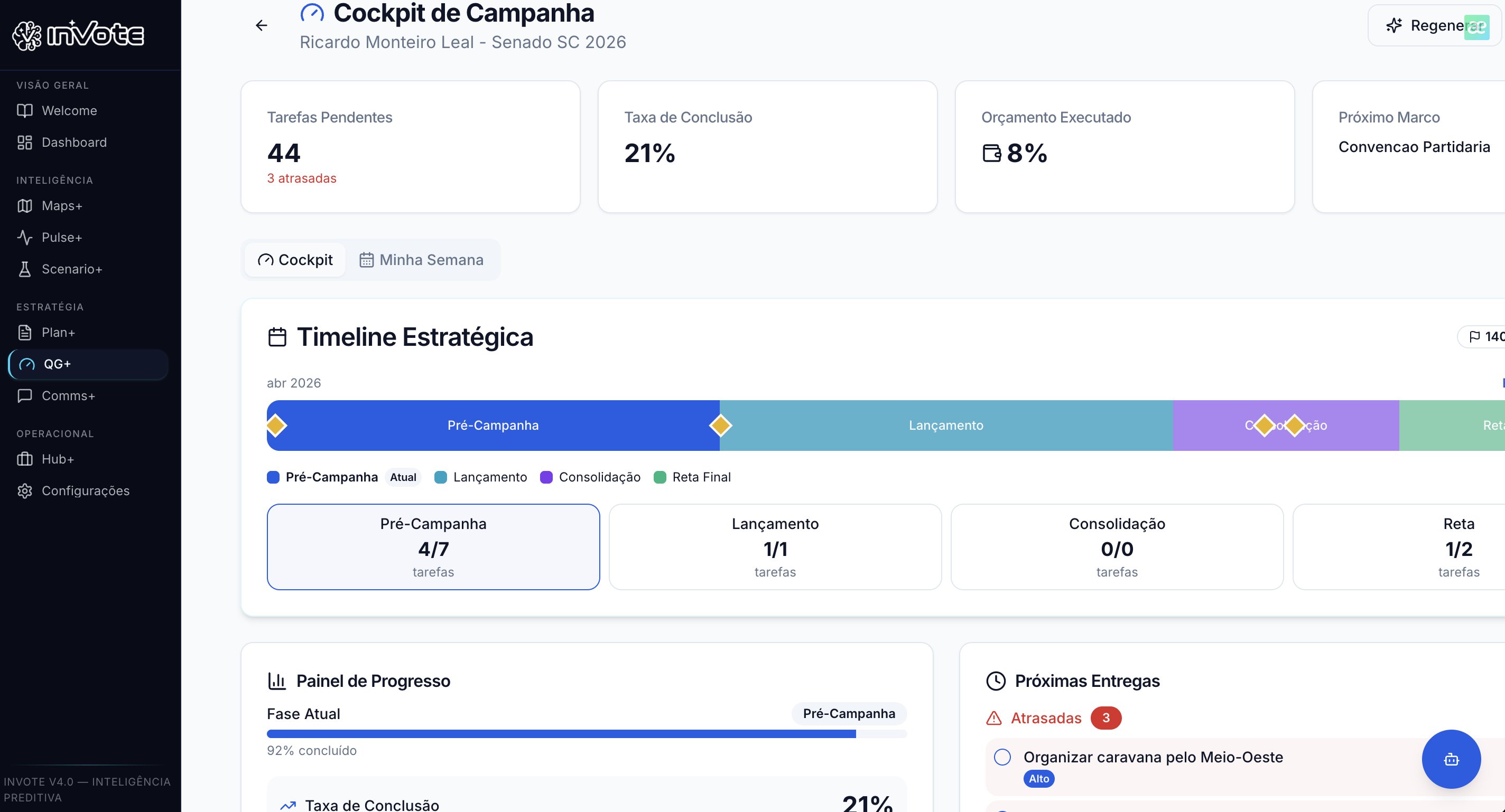 QG+ — Cockpit de Campanha com Timeline Estratégica e Painel de Progresso